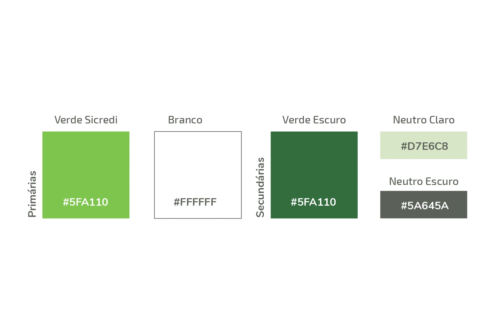  imagem das cores verde sicredi, branco, verde escuro, neutro claro e escuro 