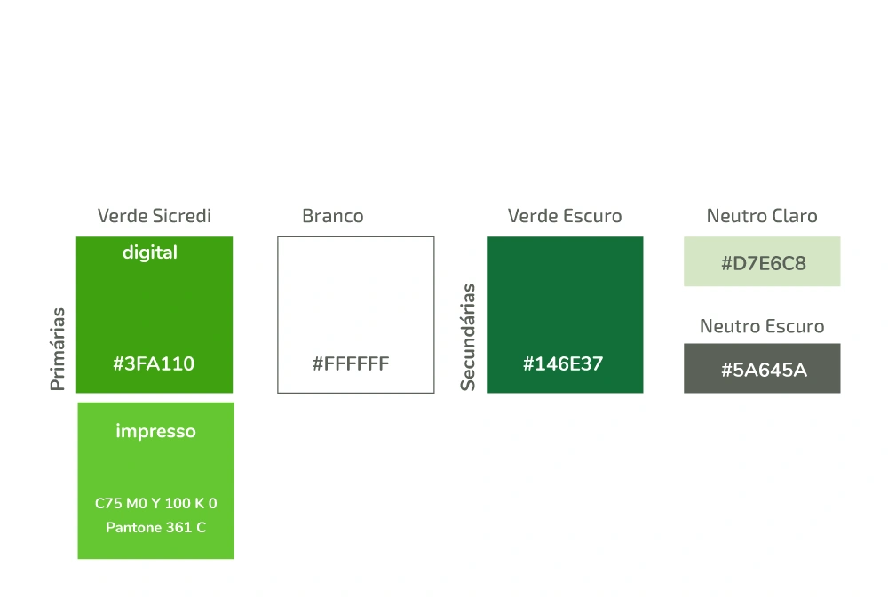  imagem das cores verde sicredi, branco, verde escuro, neutro claro e escuro 