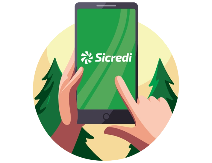  ilustração de celular com a tela verde e logo do Sicredi 